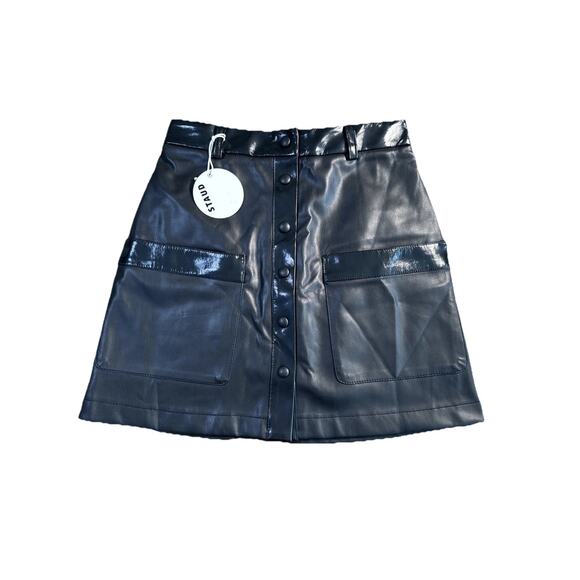 STAUD Paper faux leather mini skirt two tone black patent button down NWT - Picture 1 of 13